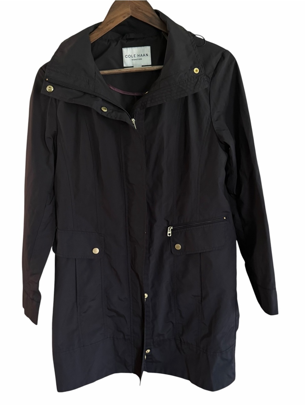 Cole Haan Signature Black Hooded Rain Jacket Womens Small Petite Zip Coat - Picture 5 of 12